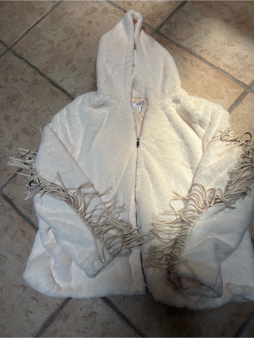 VENUS Cream Hooded Faux Fur Jacket with Fringe Trim
